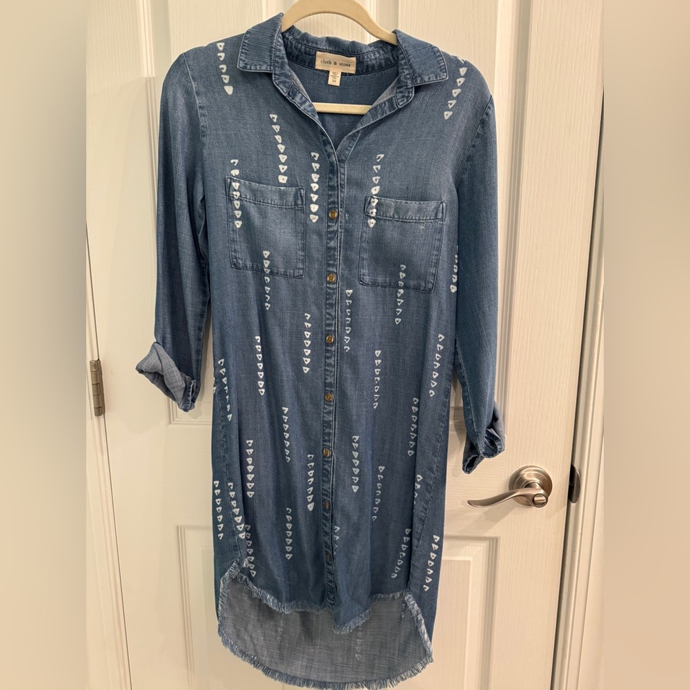Blue Denim Shirt Dress with White Triangle Pattern